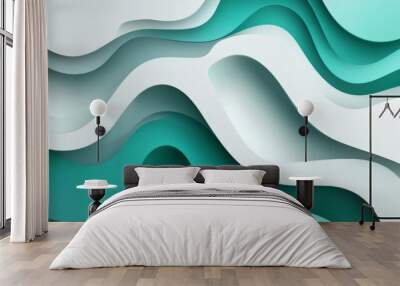 A modern background featuring fluid gradient wavy shapes transitioning from cool gray to vibrant teal, creating a clean and dynamic visual effect. Wall mural