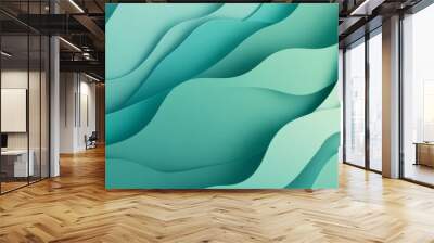 A modern background featuring wavy shapes in a fluid gradient from bright teal to soft green, offering a fresh and clean aesthetic. Wall mural