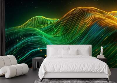 A neon background with a digital wave pattern in electric green and yellow, creating a futuristic and dynamic visual. Wall mural