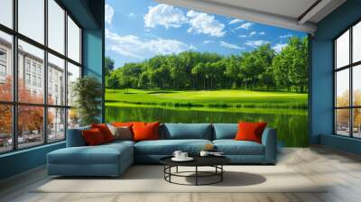 A serene golf course on a sunny day, featuring rolling fairways, a glistening water hazard, and a backdrop of tall trees against a bright blue sky. Wall mural