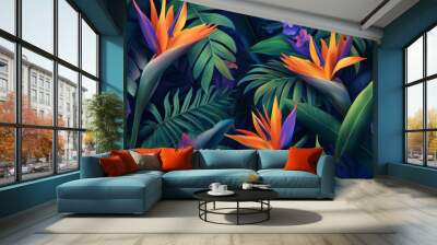 A tropical floral background with exotic birds of paradise flowers in vivid orange and purple hues, surrounded by lush green palm leaves. Wall mural