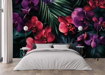 A vibrant floral background featuring exotic red and purple orchids intertwined with dark green palm leaves, set against a rich black background. Wall mural