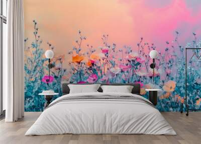 A vibrant floral garden with a gradient sky transitioning from a rich magenta at the horizon to a cool, dusky blue at the top. The flowers and foliage are subtly tinted with the gradient colors of the Wall mural