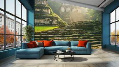 An ancient Mayan temple with stone steps and jungle surroundings. Wall mural