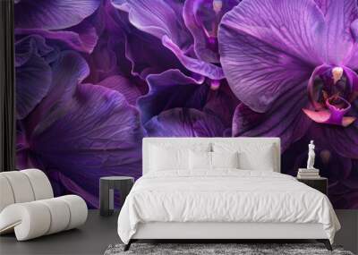 Close-up of purple orchid petals, intricately patterned on a floral backdrop, emphasizing their exotic beauty and vibrant color. Wall mural