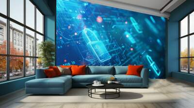 Cyber security background with a futuristic interface, digital locks, and binary code floating in a blue cyber space. Wall mural