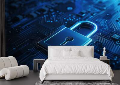 Digital security theme with a 3D lock, circuit patterns, and encrypted data on a dark blue background. Wall mural