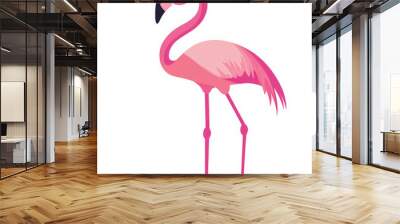 Flat design of a standing flamingo, drawn in bold pink tones with a simple and clean silhouette, isolated on a white background. Wall mural