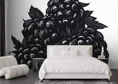 Flat illustration of a bunch of black raspberries, drawn with bold black tones and minimalistic shading, isolated on white. Wall mural