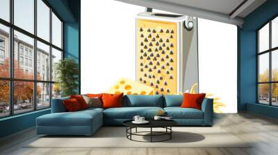 Flat illustration of a cheese grater with shredded cheese beside it, rendered in clean lines and bright colors, on a white background. Wall mural