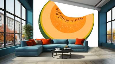 Flat illustration of a sliced cantaloupe with visible seeds, featuring vibrant orange hues and clean lines, on a white background. Wall mural