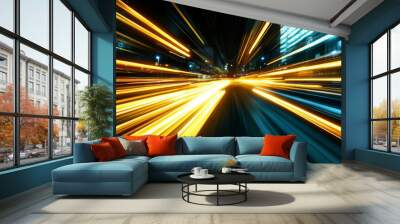 Sharp, electric yellow light trails forming jagged, geometric shapes across a dark background, creating a sense of high-speed motion. Wall mural