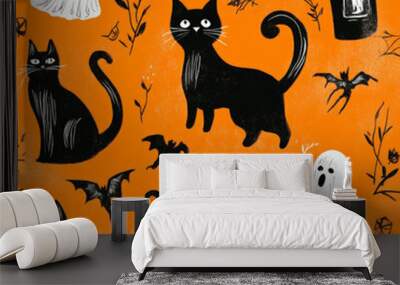 Spooky Halloween border featuring black cats, ghosts, and witches, drawn in hand-drawn style with subtle shading in black and white, on a bright orange background. Wall mural