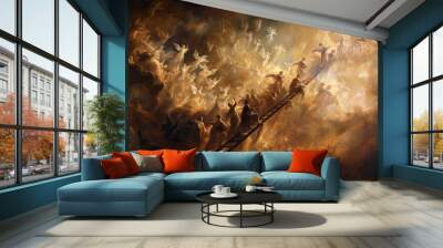 The vision of Jacob's ladder, with angels ascending and descending a ladder reaching from earth to heaven, and Jacob dreaming at the foot of the ladder. Wall mural