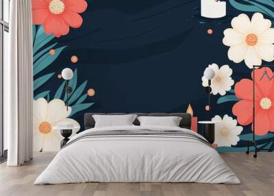 Floral and candle border on dark background, perfect for memorial or celebration. Wall mural