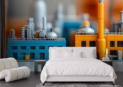 Miniature model of an industrial factory with blue and yellow buildings. Wall mural