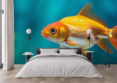 Single goldfish swimming in blue water Wall mural