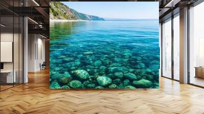 Smooth river rocks in clear shallow water. Wall mural