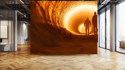 Two silhouettes walk towards the light at the end of a tunnel. Wall mural