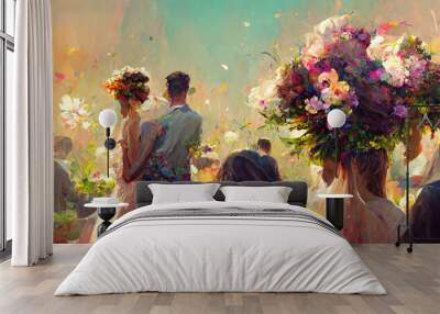 People gathered wedding with flowers Wall mural