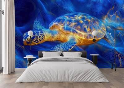 Abstract Sea Turtle Swimming in a Vibrant Blue World Wall mural