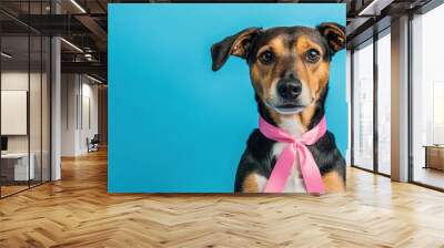 Adorable Dog with Pink Ribbon on Paw against Blue Background - Pet Fashion Concept Wall mural