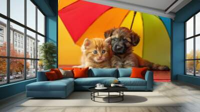 Adorable Puppy and Kitten Playing Together with Ample Negative Space for Text or Design Elements Wall mural