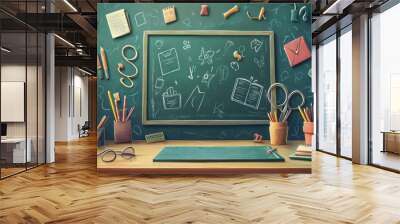 Back to School Magic: Animated School Supplies Celebrating on Blackboard Wall mural