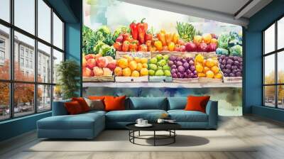 Colorful Watercolor Display of Fresh Produce Wall mural