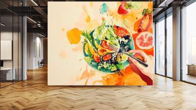 Colorful Watercolor of a Person Eating a Salad Wall mural