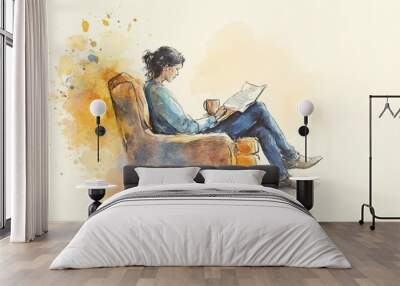 Dreamy Watercolor of a Person Relaxing with a Book Wall mural