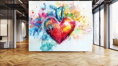 Emotional Fusion: Watercolor Heart with Glowing Digital Lines - Concept of Human Emotion, Creativity, and AI Integration Wall mural