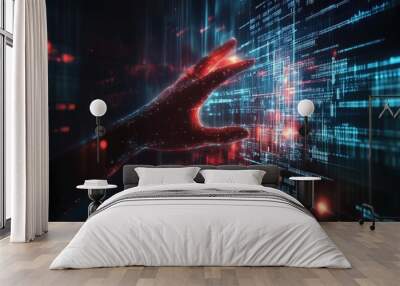 Futuristic AI Concept: Glowing Human Hand Reaching Digital Interface with Abstract Code Lines Wall mural