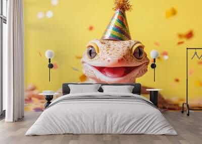 Gecko Celebrating with a Birthday Hat and Confetti Wall mural