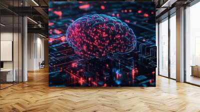 Illuminated Intelligence: Glowing Brain with Binary Code Patterns and Cyber Connections Wall mural