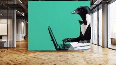 Magpie in Formal Wear Typing at a Computer Wall mural