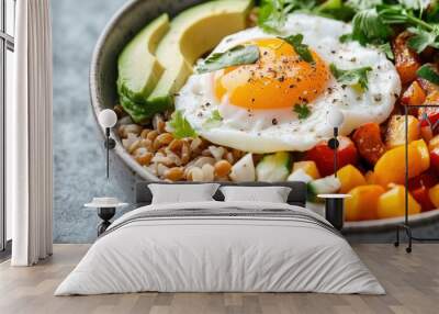 Nutritious Grain Bowl with Brown Rice, Roasted Vegetables, Avocado, and Poached Egg, Garnished with Fresh Herbs Wall mural