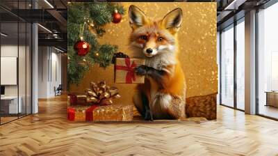 Playful Fox Unwrapping a Present by the Christmas Tree Wall mural