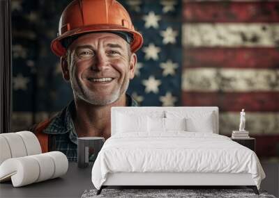 Proud Construction Worker Celebrating Labor Day in Front of American Flag Background Wall mural