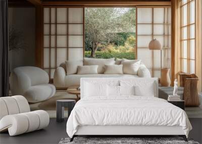 Serene Japandi Living Room: A Blend of Elegance and Comfort Wall mural