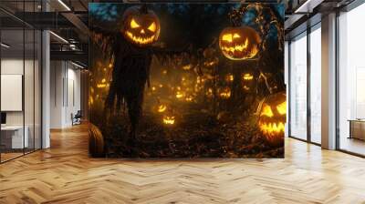 Sinister Pumpkin Patch: Spooky Night Scene with Glowing Pumpkins, Twisted Vines, and Haunting Scarecrow Wall mural