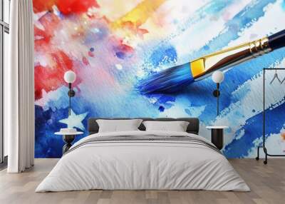 Vibrant Watercolor Painting of Stars on USA Flag Close-Up with Blue Paintbrush Strokes and Blurred Background Wall mural