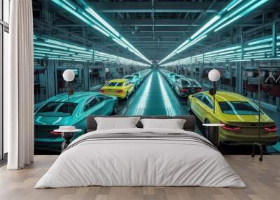 A car assembly factory in a wide hall . car industry. Ai generative Wall mural