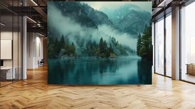 A tranquil lake nestled between lush trees and majestic mountains, shrouded in a veil of mist and surrounded by the wild beauty of nature Wall mural