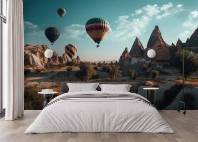 Many hot air balloon in sunset. Cappadocia Generative AI Wall mural