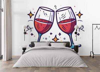 Whimsical child-like drawings of two cartoon wine glasses, sketched with a playful and imaginative style Wall mural