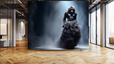  Illustration of a gorilla wearing a dress like a model walks down the fashion runway or catwalk. The stage lights are focused on it. Generative Ai. Wall mural