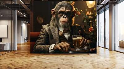 An illustration of a monkey in a business suit sits in a leather armchair, drinking beer from a glass, dim light creating a contrast between indulgence and melancholy. Generative Ai.  Wall mural