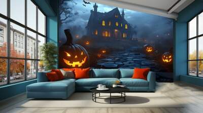 A spooky Halloween night filled with glowing pumpkins and a haunted house illuminated under the moonlight Wall mural