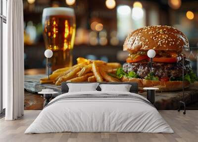 Macro shot of a beer and a burger with homemade french fries on a wood counter in a pub , food photography. Wall mural